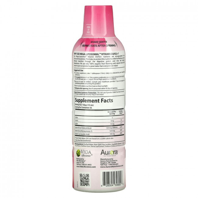 Aurora Nutrascience, Mega-Liposomal Vitamin D3+, витамин D3, органический фруктовый вкус, 9000 МЕ, 480 мл (16 жидк. унций) Aurora Nutrascience, Mega-Liposomal Vitamin D3+, витамин D3, органический фруктовый вкус, 9000 МЕ, 480 мл (16 жидк. унций)