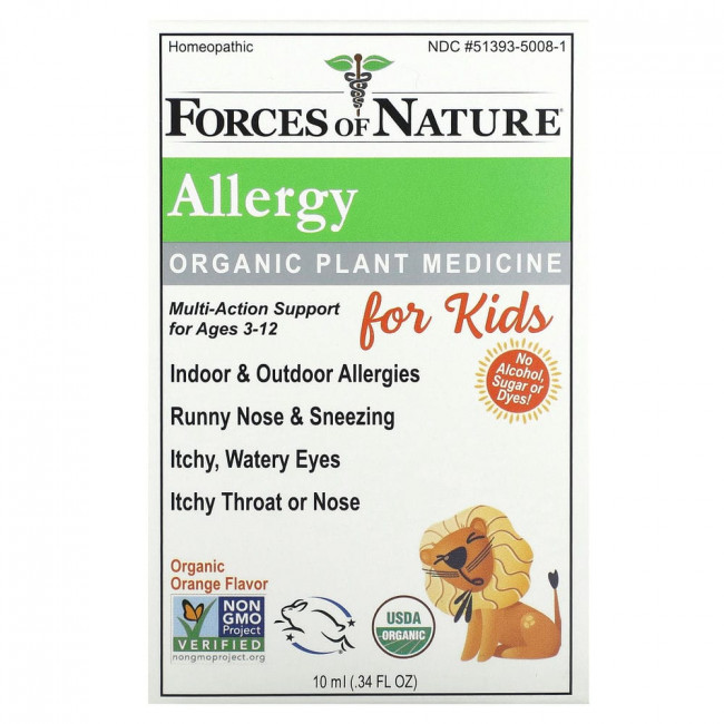 Forces of Nature, Allergy, Organic Plant Medicine, For Kids Ages 3-12, Orange, 0.34 fl oz (10 ml)