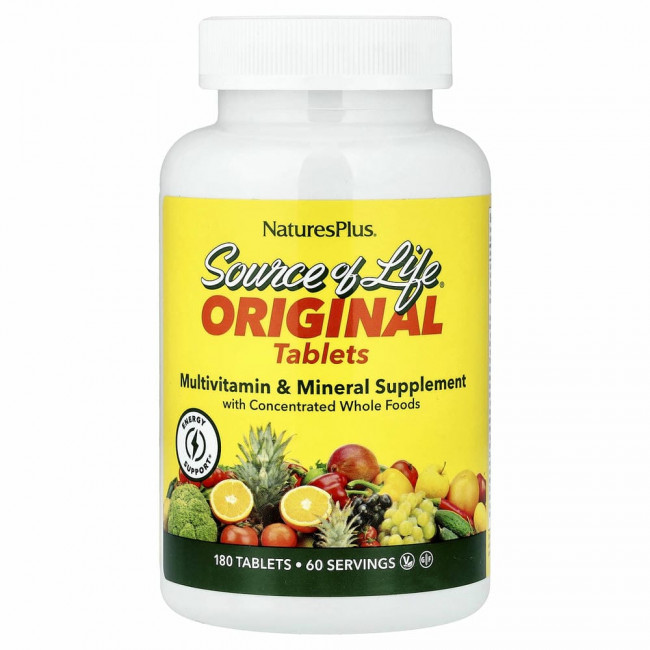 NaturesPlus, Source of Life, мультивитаминная и минеральная добавка с цельными пищевыми концентратами, 180 таблеток NaturesPlus, Source of Life, мультивитаминная и минеральная добавка с цельными пищевыми концентратами, 180 таблеток