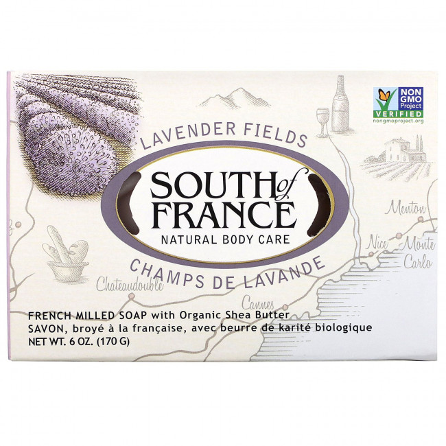 South of France, лавандовое поле, мыло с органическим маслом ши, изготовленное по французскому рецепту, 170 г (6 унций) South of France, лавандовое поле, мыло с органическим маслом ши, изготовленное по французскому рецепту, 170 г (6 унций)