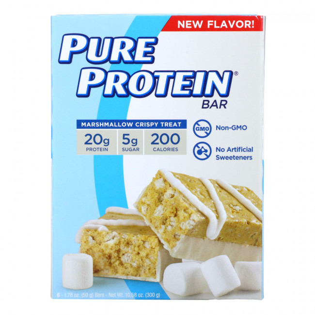 Pure Protein, Protein Bars, хрустящее лакомство из зефира, 6 батончиков, 50 г (1,76 унции) Pure Protein, Protein Bars, хрустящее лакомство из зефира, 6 батончиков, 50 г (1,76 унции)