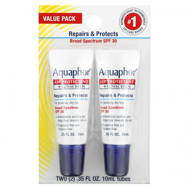 Aquaphor, Lip Protectant + Sunscreen, SPF 30, 2 Tubes, 0.35 fl oz (10 ml)