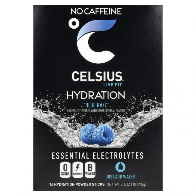 Celsius, Live Fit, увлажнение, незаменимые электролиты, без кофеина, синяя роза, 14 стиков в виде порошка для увлажнения, по 7,28 г (0,26 унции) Celsius, Live Fit, увлажнение, незаменимые электролиты, без кофеина, синяя роза, 14 стиков в виде порошка для увлажнения, по 7,28 г (0,26 унции)