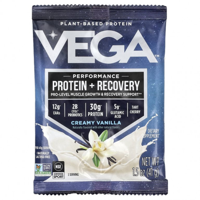 Vega, Растительный протеин, протеин для повышения эффективности и восстановления, кремовая ваниль, 12 пакетиков по 41 г (1,5 унции)