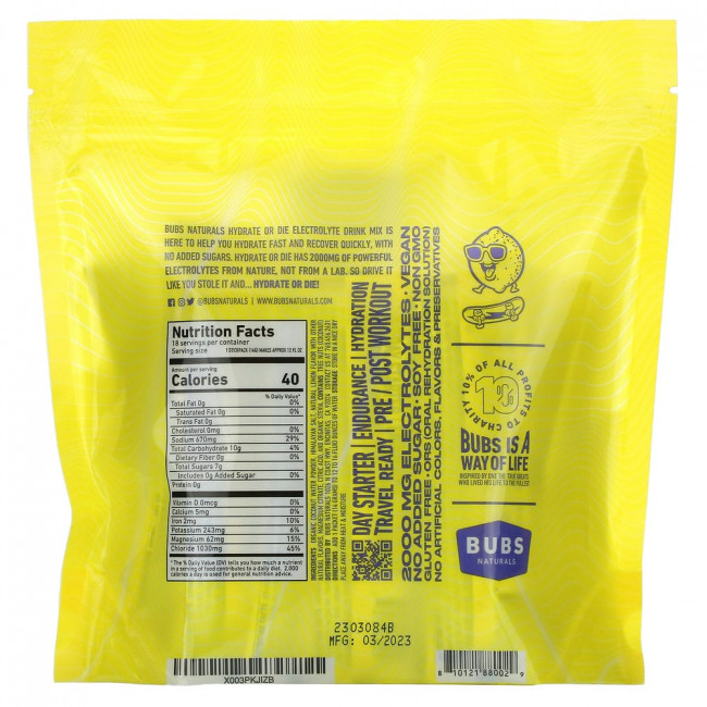 BUBS Naturals, Hydrate or Die, Electrolyte Drink Mix, Lemon, 18 Sticks, 0.4 oz (14 g) Each