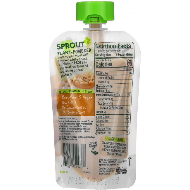 Sprout Organic, Детское питание, от 6 месяцев, белая фасоль из батата с корицей, 99 г (3,5 унции) Sprout Organic, Детское питание, от 6 месяцев, белая фасоль из батата с корицей, 99 г (3,5 унции)