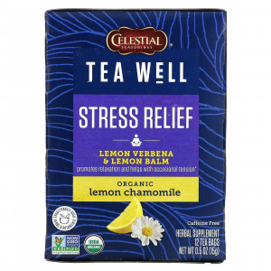 Celestial Seasonings, Stress Relief, лимонная вербена и мелисса, органическая лимонная ромашка, без кофеина, 12 чайных пакетиков по 1,2 г (0,06 унции) Celestial Seasonings, Stress Relief, лимонная вербена и мелисса, органическая лимонная ромашка, без кофеина, 12 чайных пакетиков по 1,2 г (0,06 унции)