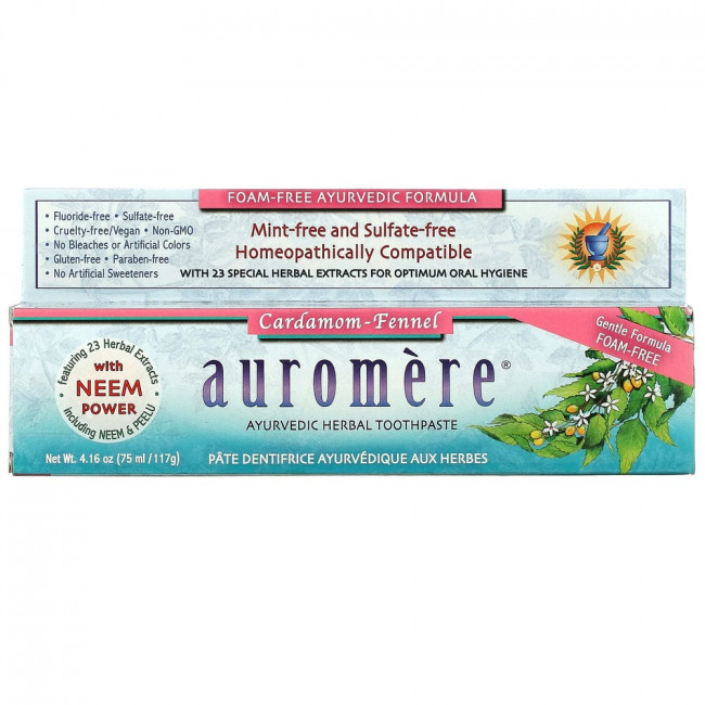 Auromere, Аюрведическая зубная паста на травах, не образующая пены, со вкусом кардамона и фенхеля, 4,16 унции (117 г) Auromere, Аюрведическая зубная паста на травах, не образующая пены, со вкусом кардамона и фенхеля, 4,16 унции (117 г)