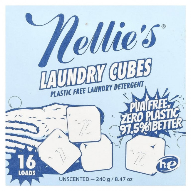 Nellie's, кубики для стирки, средство для стирки без пластика, без запаха, 16 загрузок, 240 г (8,47 унции)