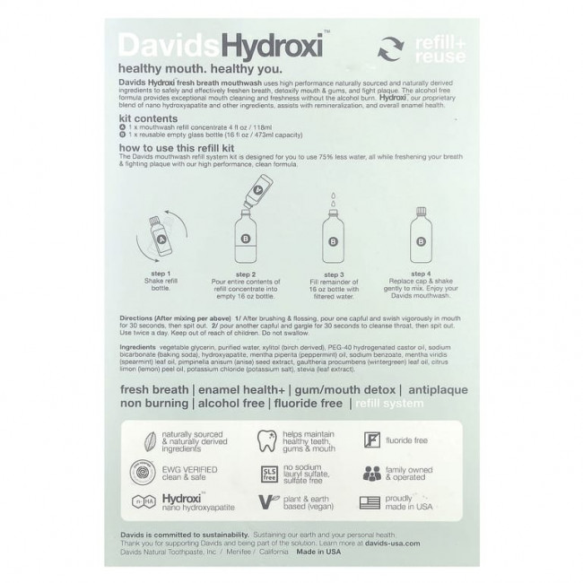 Davids, Refill Kit, жидкость для полоскания рта Fresh Breath, без спирта, натуральная свежая мята, 2 шт. Davids, Refill Kit, жидкость для полоскания рта Fresh Breath, без спирта, натуральная свежая мята, 2 шт.