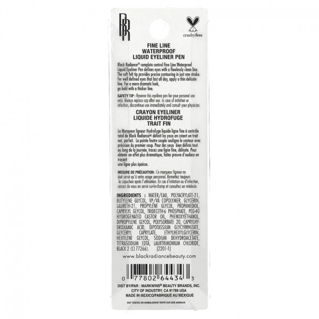 Black Radiance, Fine Line, Waterproof Liquid Eyeliner Pen, CA6425 Black Velvet, 0.03 fl oz (0.94 ml)