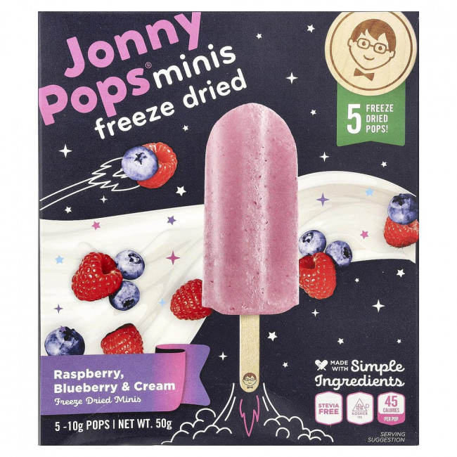JonnyPops, сублимированные мини-леденцы со вкусом малины, черники и сливок, 5 штук, по 10 г каждый. JonnyPops, сублимированные мини-леденцы со вкусом малины, черники и сливок, 5 штук, по 10 г каждый.