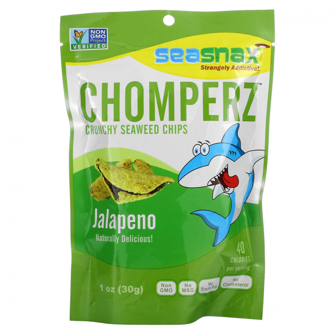 SeaSnax, Chomperz, хрустящие чипсы из морских водорослей, с перцем халапеньо, 1 унций (30 г) SeaSnax, Chomperz, хрустящие чипсы из морских водорослей, с перцем халапеньо, 1 унций (30 г)