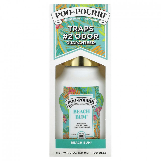 Poo-Pourri, Before-You-Go, спрей-освежитель для туалета, «Пляжный жгут», кокос, орхидея и обжаренное пралине, 59 мл (2 жидк. унции)