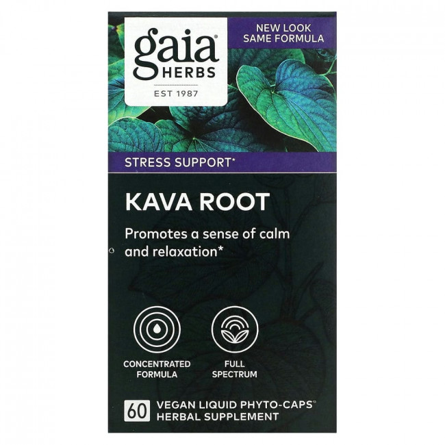 Gaia Herbs, корень кавы, 60 веганских фито-капсул с жидкостью Gaia Herbs, корень кавы, 60 веганских фито-капсул с жидкостью