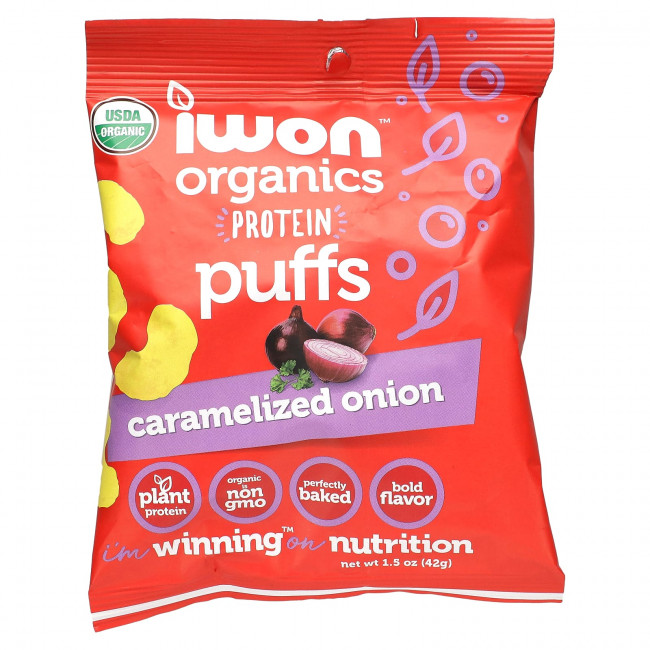 IWON Organics, Organics Protein Puffs, карамелизованный лук, 8 пакетиков по 42 г (1,5 унции) IWON Organics, Organics Protein Puffs, карамелизованный лук, 8 пакетиков по 42 г (1,5 унции)