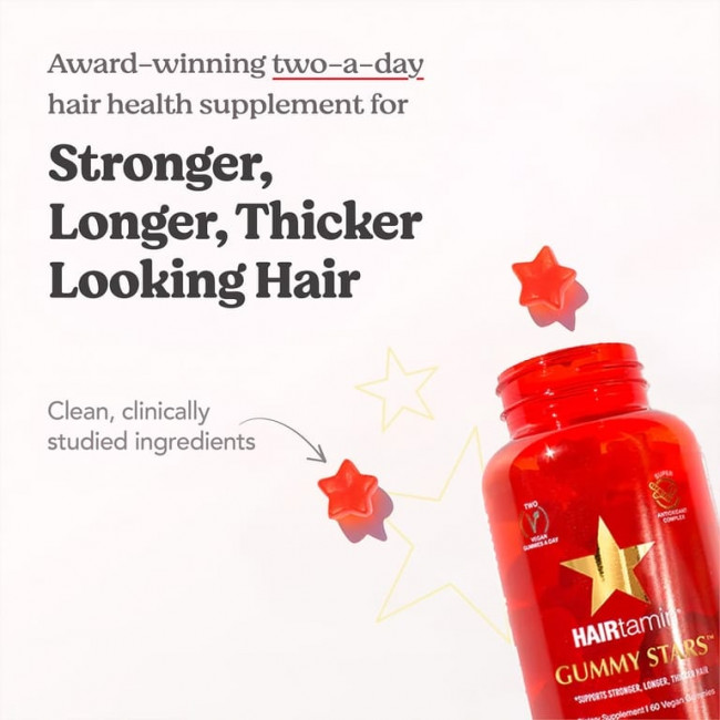 HAIRtamin, Gummy Stars ™, смесь суперфруктов, 60 веганских жевательных мармеладок HAIRtamin, Gummy Stars ™, смесь суперфруктов, 60 веганских жевательных мармеладок