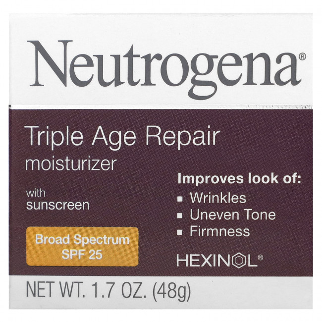 Neutrogena, Triple Age Repair, увлажняющее средство с солнцезащитным кремом, широкого спектра действия, SPF 25, 48 г (1,7 унции) Neutrogena, Triple Age Repair, увлажняющее средство с солнцезащитным кремом, широкого спектра действия, SPF 25, 48 г (1,7 унции)