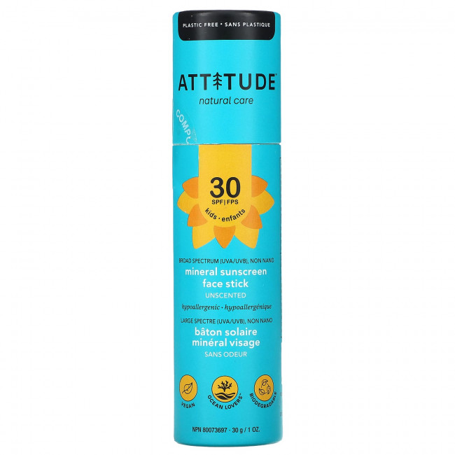 ATTITUDE, Для детей, солнцезащитный крем с минералами, SPF 30, без запаха, 30 г (1 унция) ATTITUDE, Для детей, солнцезащитный крем с минералами, SPF 30, без запаха, 30 г (1 унция)