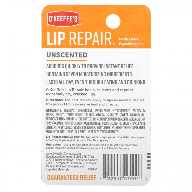 O'Keeffe's, Lip Repair, бальзам для губ, без запаха, 4,2 г (0,15 унции) O'Keeffe's, Lip Repair, бальзам для губ, без запаха, 4,2 г (0,15 унции)