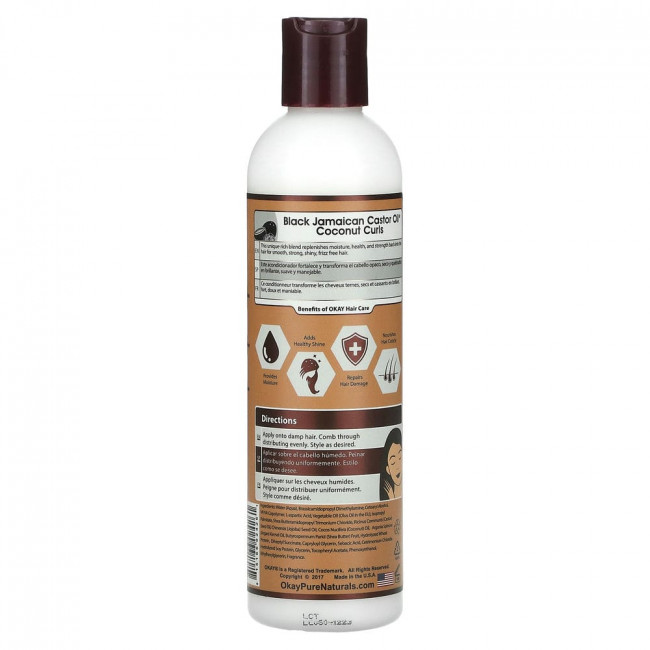 Okay Pure Naturals, Черное ямайское касторовое масло, кокосовые локоны, несмываемый кондиционер, 237 мл (8 жидк. Унций)