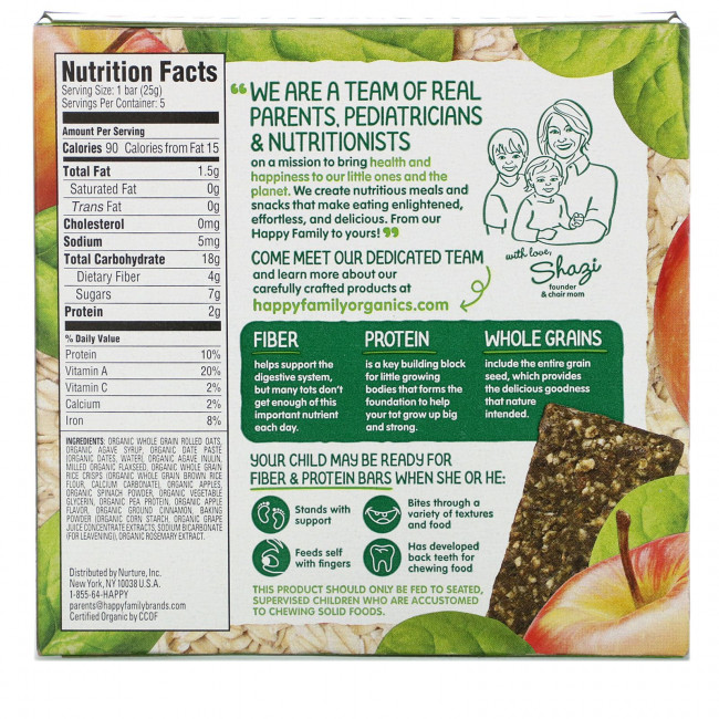 Happy Family Organics, Happytot, овсяной батончик с волокнами и протеином, органические яблоки и шпинат, 5 батончиков, 0,88 унции (25 г каждый) Happy Family Organics, Happytot, овсяной батончик с волокнами и протеином, органические яблоки и шпинат, 5 батончиков, 0,88 унции (25 г каждый)