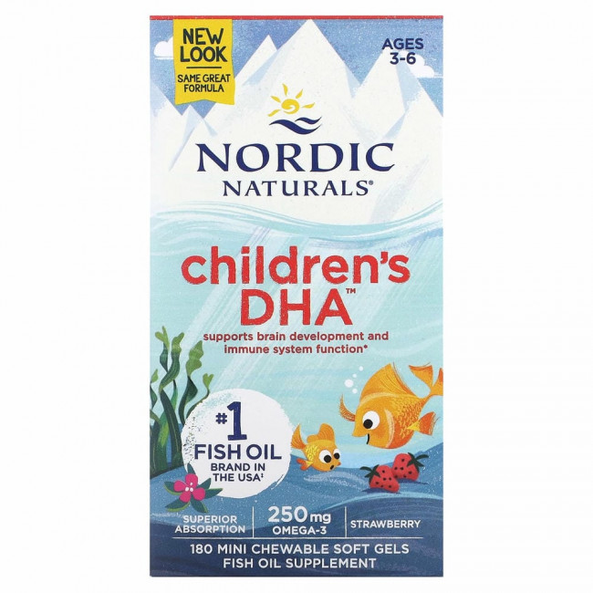 Nordic Naturals, Children's DHA, ДГК для детей, со вкусом клубники, для детей 3–6 лет, 250 мг, 180 мини-капсул Nordic Naturals, Children's DHA, ДГК для детей, со вкусом клубники, для детей 3–6 лет, 250 мг, 180 мини-капсул