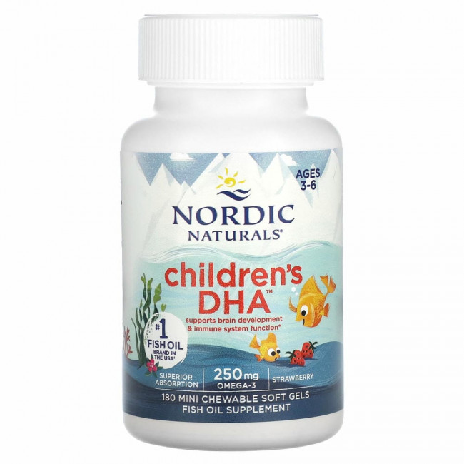 Nordic Naturals, Children's DHA, ДГК для детей, со вкусом клубники, для детей 3–6 лет, 250 мг, 180 мини-капсул Nordic Naturals, Children's DHA, ДГК для детей, со вкусом клубники, для детей 3–6 лет, 250 мг, 180 мини-капсул