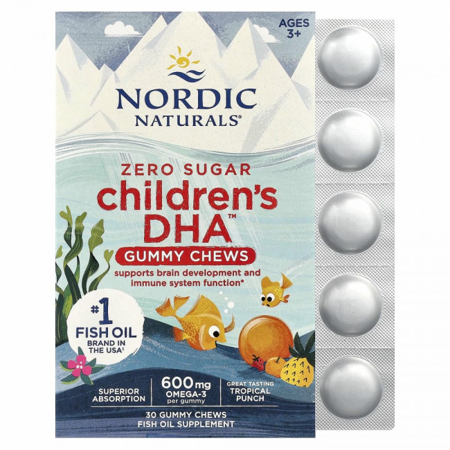 Nordic Naturals, Children's DHA, жевательные таблетки с ДГК, со вкусом тропических фруктов, 600 мг, 30 жевательных таблеток Nordic Naturals, Children's DHA, жевательные таблетки с ДГК, со вкусом тропических фруктов, 600 мг, 30 жевательных таблеток