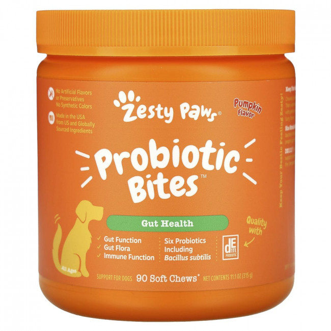 Zesty Paws, Probiotic Bites, добавка для собак с пробиотиками, для пищеварения, для любого возраста, со вкусом тыквы, 90 мягких жевательных таблеток Zesty Paws, Probiotic Bites, добавка для собак с пробиотиками, для пищеварения, для любого возраста, со вкусом тыквы, 90 мягких жевательных таблеток