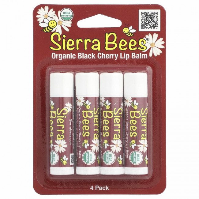 Sierra Bees, Органические бальзамы для губ, с запахом черешни, 4 в упаковке, 4,25 г (15 унций) каждый Sierra Bees, Органические бальзамы для губ, с запахом черешни, 4 в упаковке, 4,25 г (15 унций) каждый