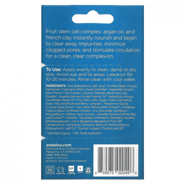 Andalou Naturals, мгновенное очищение, маска для лица с маслом арганы и голубой глиной, 8 г (0,28 унции) Andalou Naturals, мгновенное очищение, маска для лица с маслом арганы и голубой глиной, 8 г (0,28 унции)