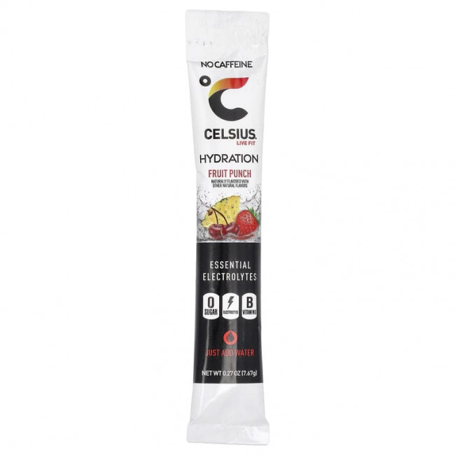 Celsius, Live Fit, увлажнение, незаменимые электролиты, без кофеина, фруктовый пунш, 14 порошковых стиков для увлажнения, 7,76 г (0,27 унции) Celsius, Live Fit, увлажнение, незаменимые электролиты, без кофеина, фруктовый пунш, 14 порошковых стиков для увлажнения, 7,76 г (0,27 унции)