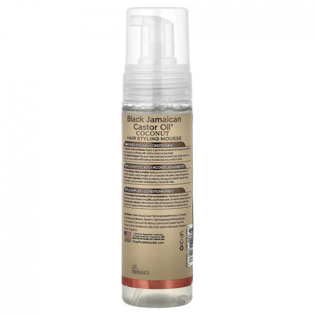 Okay Pure Naturals, Black Jamaican Castor Oil®, Мусс для укладки волос, гибкая фиксация, для сухих и поврежденных локонов, кокосовое масло, 7,5 унций (221 мл) Okay Pure Naturals, Black Jamaican Castor Oil®, Мусс для укладки волос, гибкая фиксация, для сухих и поврежденных локонов, кокосовое масло, 7,5 унций (221 мл)