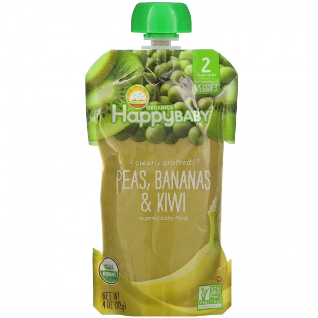 Happy Family Organics, Happy Baby, органическое детское питание, для детей от 6 месяцев, горох, бананы и киви, 113 г (4 унции) Happy Family Organics, Happy Baby, органическое детское питание, для детей от 6 месяцев, горох, бананы и киви, 113 г (4 унции)