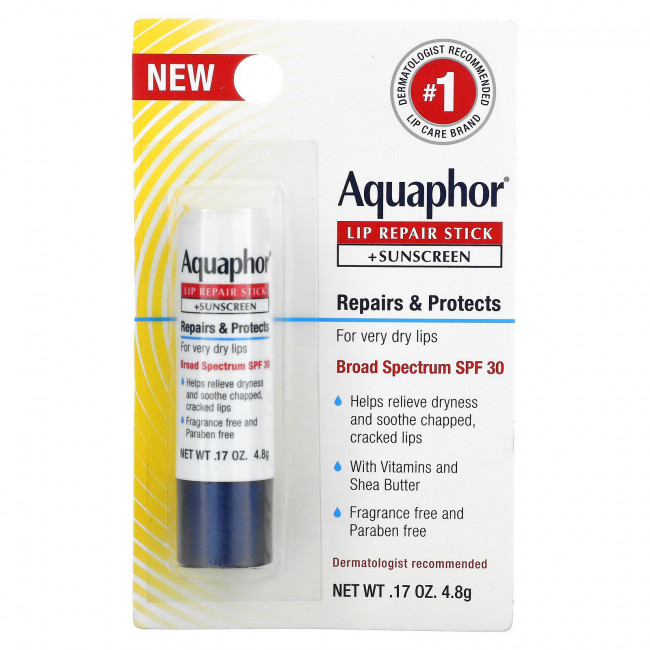 Aquaphor, Стик для восстановления губ + солнцезащитный крем, SPF 30, без отдушек, 4,8 г (0,17 унции) Aquaphor, Стик для восстановления губ + солнцезащитный крем, SPF 30, без отдушек, 4,8 г (0,17 унции)