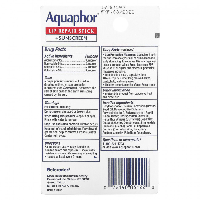 Aquaphor, Стик для восстановления губ + солнцезащитный крем, SPF 30, без отдушек, 4,8 г (0,17 унции) Aquaphor, Стик для восстановления губ + солнцезащитный крем, SPF 30, без отдушек, 4,8 г (0,17 унции)