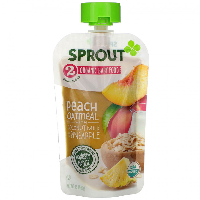 Sprout Organic, Детское питание, для детей от 6 месяцев, персиковая овсянка с кокосовым молоком и ананасом, 99 г (3,5 унции) Sprout Organic, Детское питание, для детей от 6 месяцев, персиковая овсянка с кокосовым молоком и ананасом, 99 г (3,5 унции)