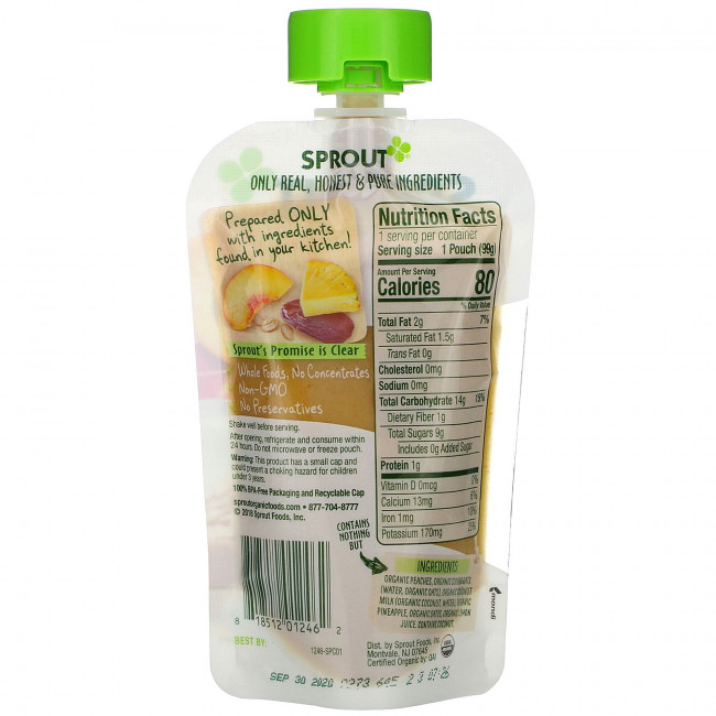 Sprout Organic, Детское питание, для детей от 6 месяцев, персиковая овсянка с кокосовым молоком и ананасом, 99 г (3,5 унции) Sprout Organic, Детское питание, для детей от 6 месяцев, персиковая овсянка с кокосовым молоком и ананасом, 99 г (3,5 унции)