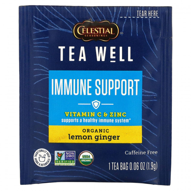 Celestial Seasonings, Поддержка иммунитета, витамин C и цинк, органический лимонный имбирь, без кофеина, 12 чайных пакетиков, по 1,9 г (0,06 унции) Celestial Seasonings, Поддержка иммунитета, витамин C и цинк, органический лимонный имбирь, без кофеина, 12 чайных пакетиков, по 1,9 г (0,06 унции)