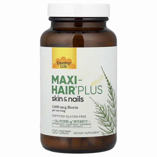 Country Life, Maxi-Hair Plus, 1250 мкг, 120 вегетарианских капсул Country Life, Maxi-Hair Plus, 1250 мкг, 120 вегетарианских капсул