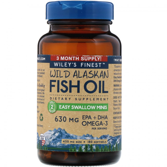 Wiley's Finest, жир диких аляскинских рыб, 630 мг, 180 капсул, которые легко глотать Wiley's Finest, жир диких аляскинских рыб, 630 мг, 180 капсул, которые легко глотать