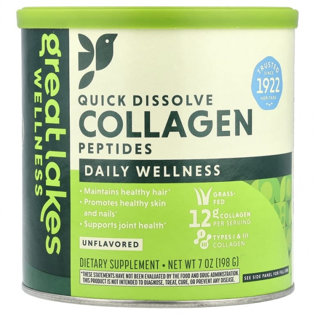 Great Lakes Wellness, быстрорастворимые пептиды коллагена, для ежедневного хорошего самочувствия, без вкусовых добавок, 198 г (7 унций) Great Lakes Wellness, быстрорастворимые пептиды коллагена, для ежедневного хорошего самочувствия, без вкусовых добавок, 198 г (7 унций)