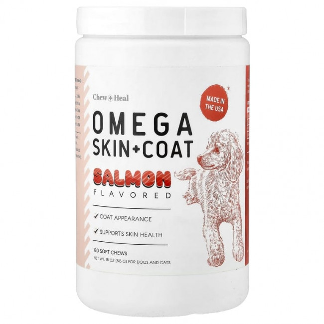 Chew + Heal, Omega Skin + шерсти, для собак и кошек, со вкусом лосося, 180 жевательных таблеток, 513 г (18 унций) Chew + Heal, Omega Skin + шерсти, для собак и кошек, со вкусом лосося, 180 жевательных таблеток, 513 г (18 унций)