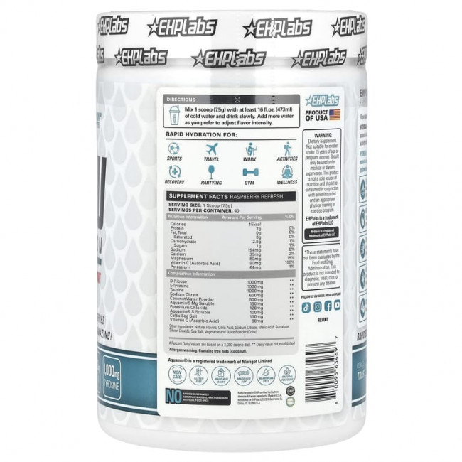 EHPlabs, Hydreau Sports Hydration, малиновое освежение, 300 г (10,58 унции) EHPlabs, Hydreau Sports Hydration, малиновое освежение, 300 г (10,58 унции)