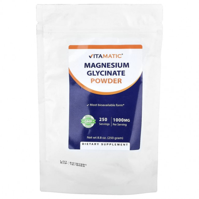 Vitamatic, Порошок глицината магния, 250 г (8,8 унции) Vitamatic, Порошок глицината магния, 250 г (8,8 унции)