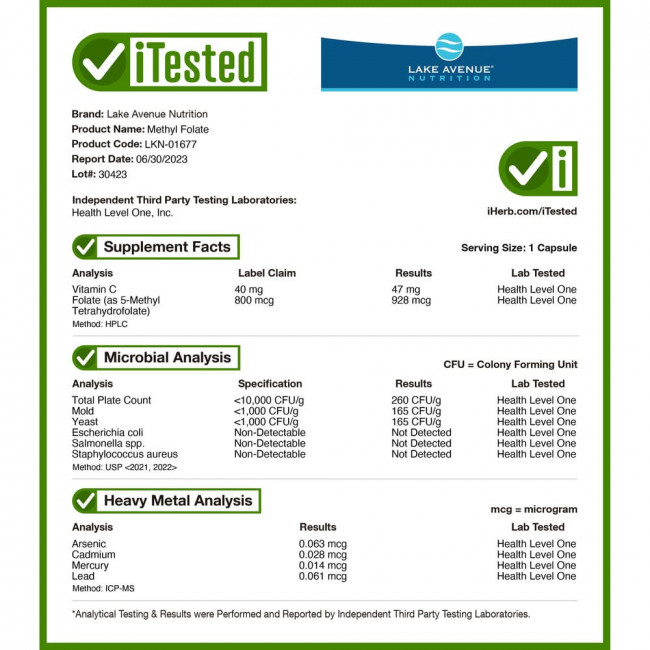 Lake Avenue Nutrition, Метилфолат, 800 мкг, 120 растительных капсул Lake Avenue Nutrition, Метилфолат, 800 мкг, 120 растительных капсул