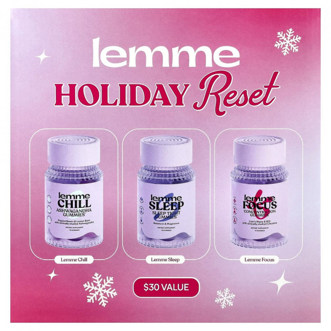 Лемме, праздничные жевательные конфеты Holiday Reset Gummies, Расслабление, Сон, Концентрация, 3 флакона, по 14 конфет в каждом (товар снят с производства)