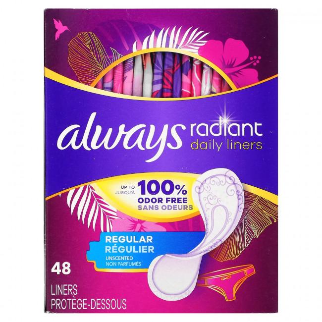 Always, Ежедневные вкладыши Radiant, обычные, без запаха, 48 вкладышей Always, Ежедневные вкладыши Radiant, обычные, без запаха, 48 вкладышей
