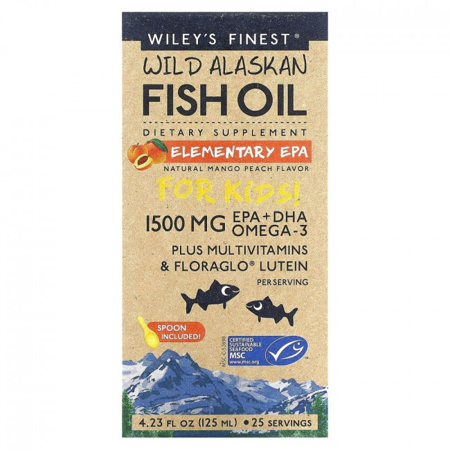 Wiley's Finest, рыбий жир из аляскинской промысловой рыбы, для детей, базовая ДГК, со вкусом натурального манго и персика, 1500 мг, 125 мл (4,23 жидкой унции) Wiley's Finest, рыбий жир из аляскинской промысловой рыбы, для детей, базовая ДГК, со вкусом натурального манго и персика, 1500 мг, 125 мл (4,23 жидкой унции)